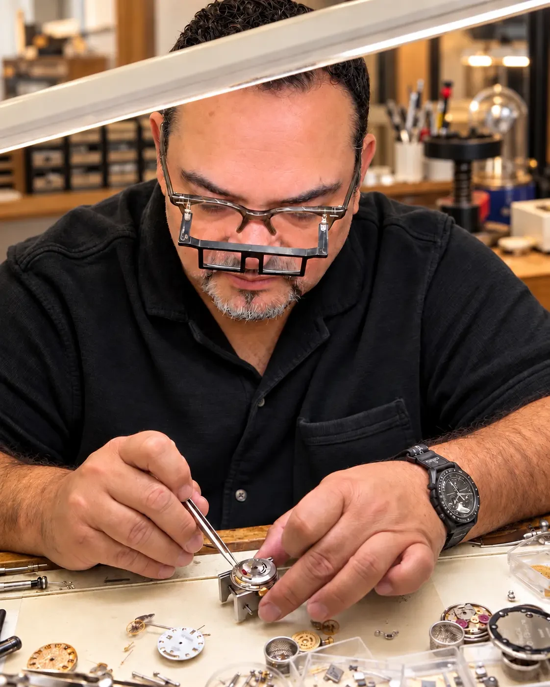 Watchmaker Javier Blen under the bench lamp, servicing a movement with tweezers and magnifying loupes
