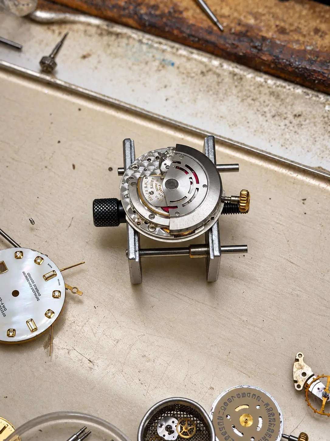 Movement in a holder with dial and date wheel around it