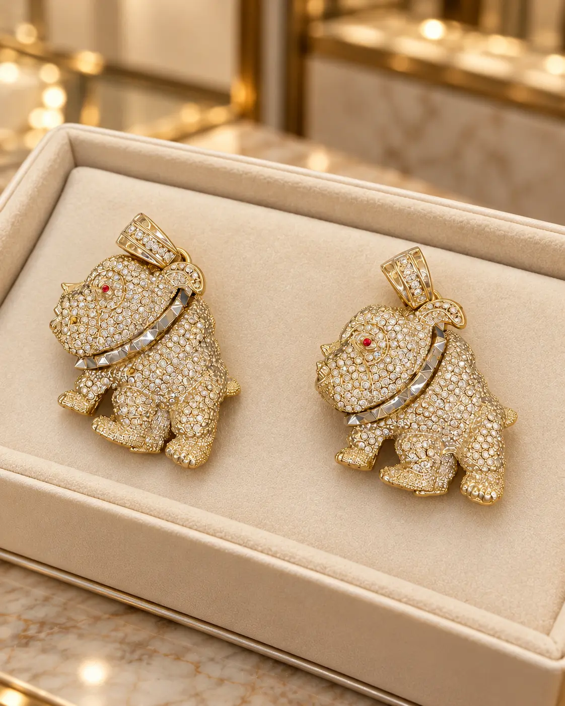 Two diamond-set gold bulldog pendants in a presentation box
