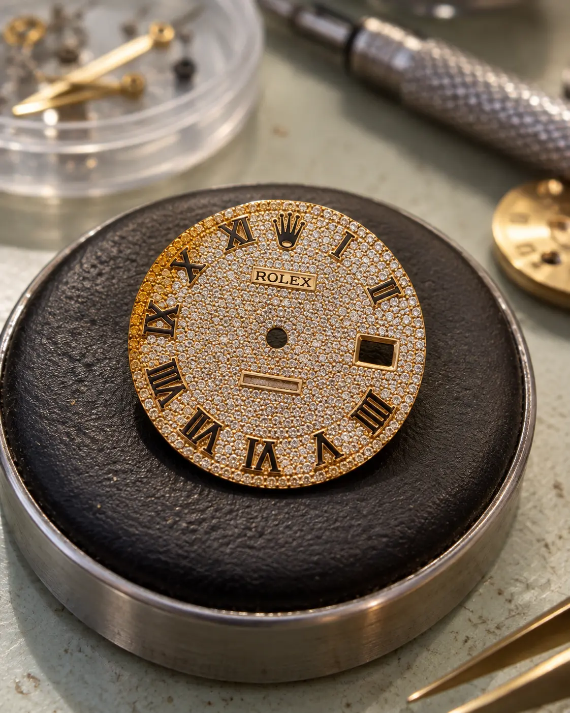 Diamond-pavé gold dial with Roman numerals in a service dish