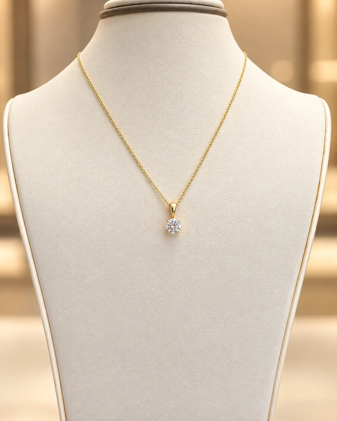 Gold solitaire diamond pendant on a display bust