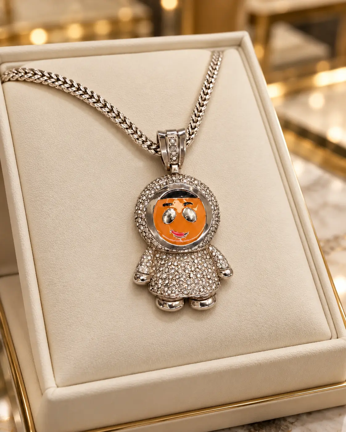 Diamond-set astronaut pendant in a presentation box