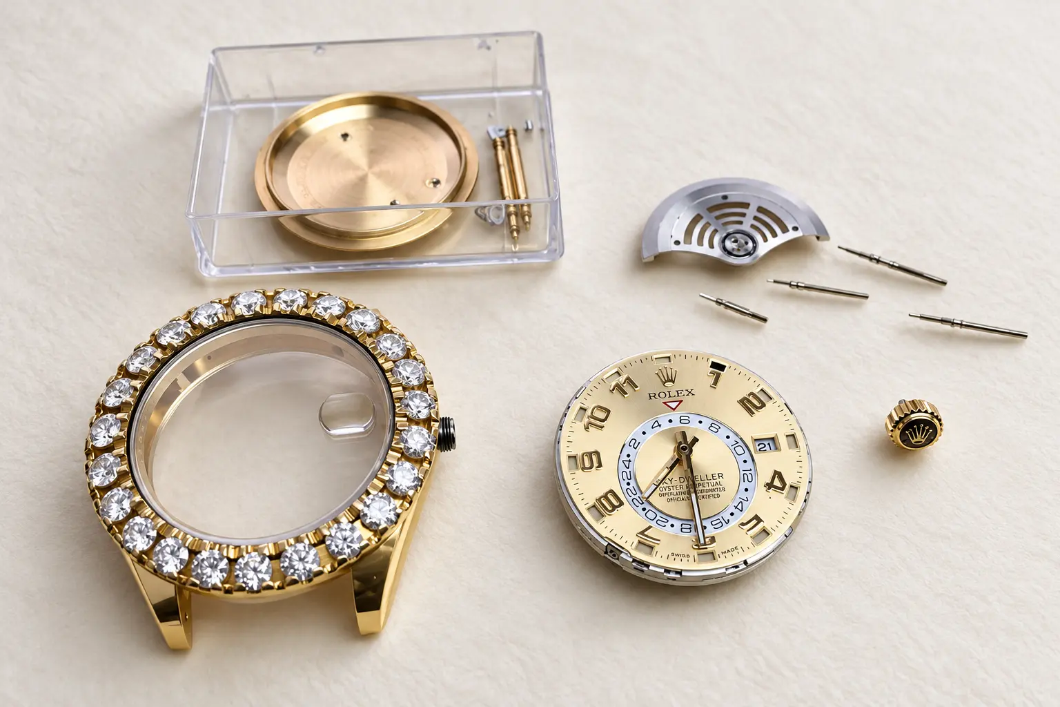 Gold case with diamond bezel, dial, rotor and screws laid out for service