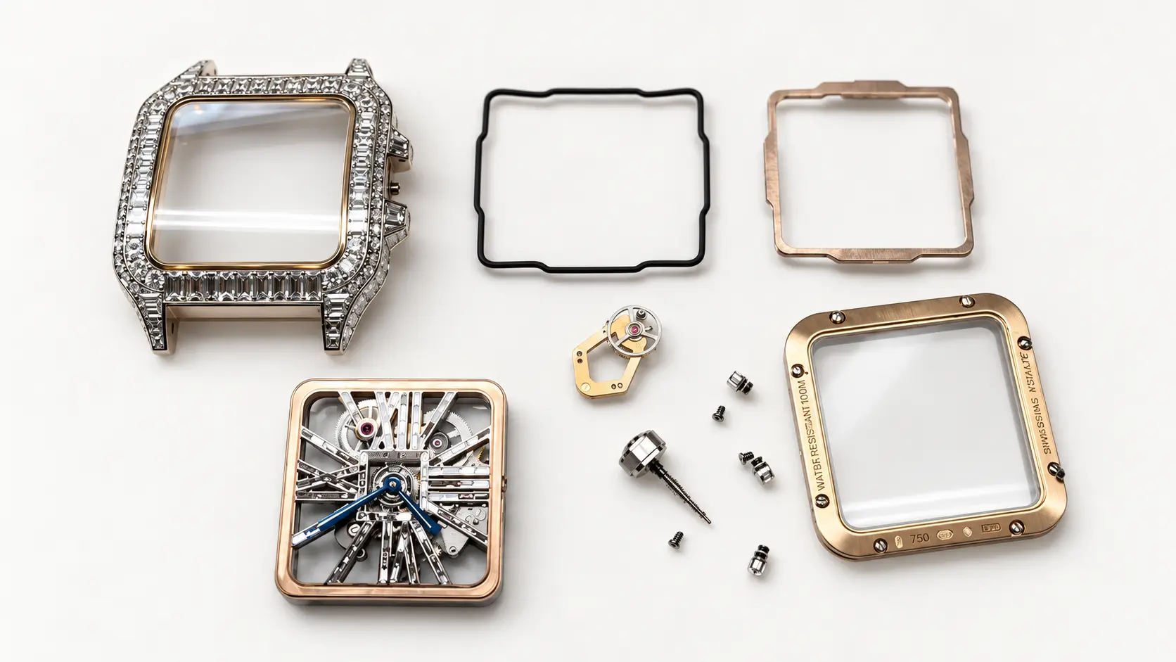 Diamond-set square watch fully disassembled — case, gaskets, movement and parts