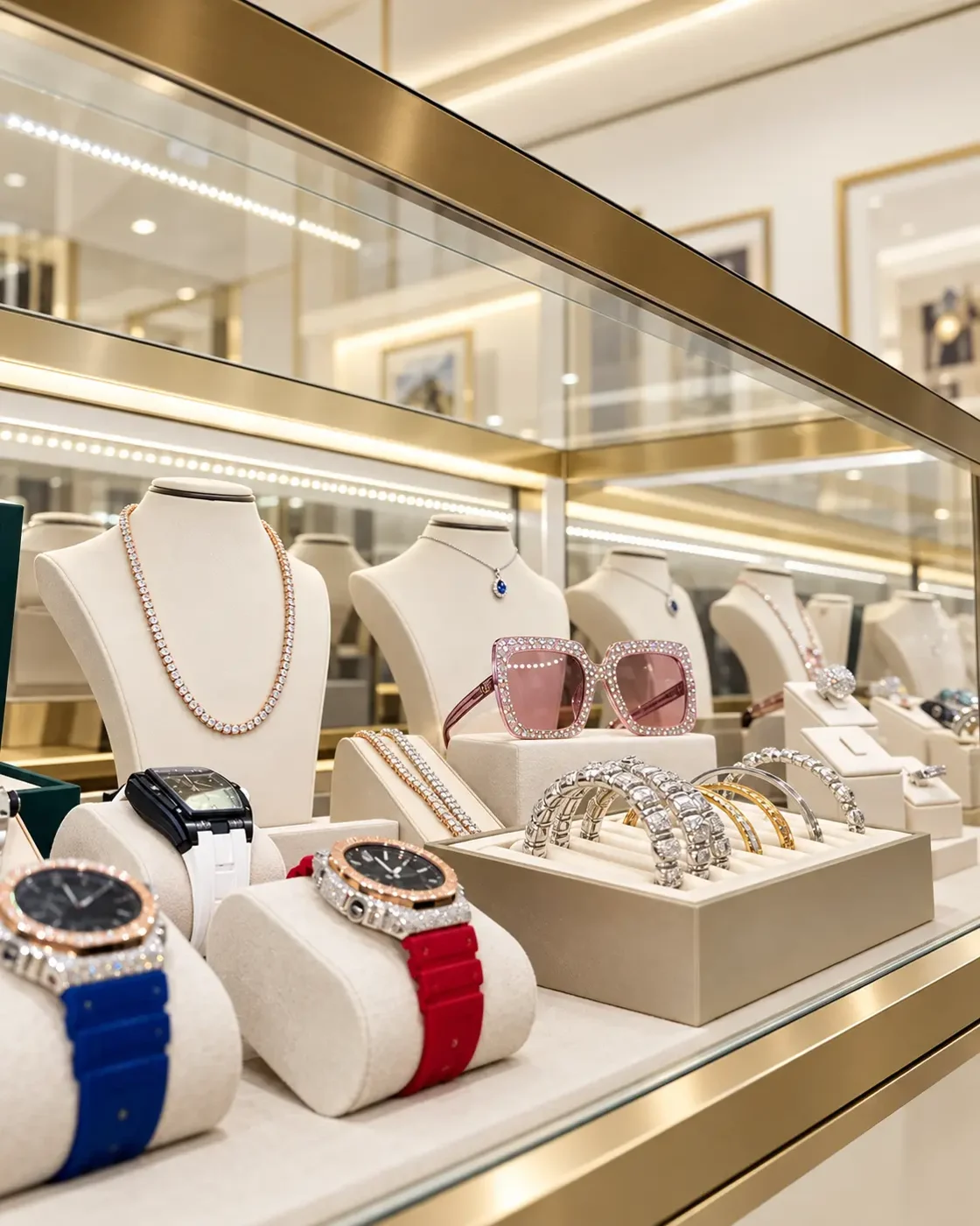 Blen's Time showcase with diamond chains, bangles and iced watches on ivory displays