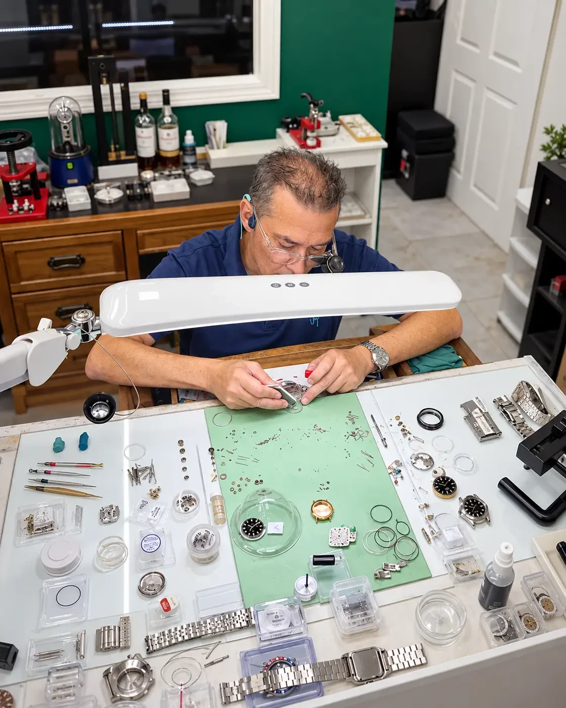 Overhead view of a watchmaker at the bench surrounded by tools, cases, crystals and bracelets