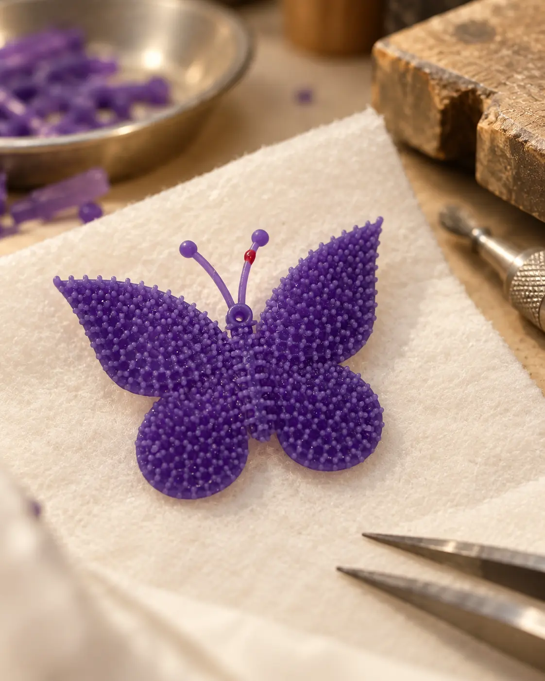 Carved purple wax butterfly model on the bench with carving tools