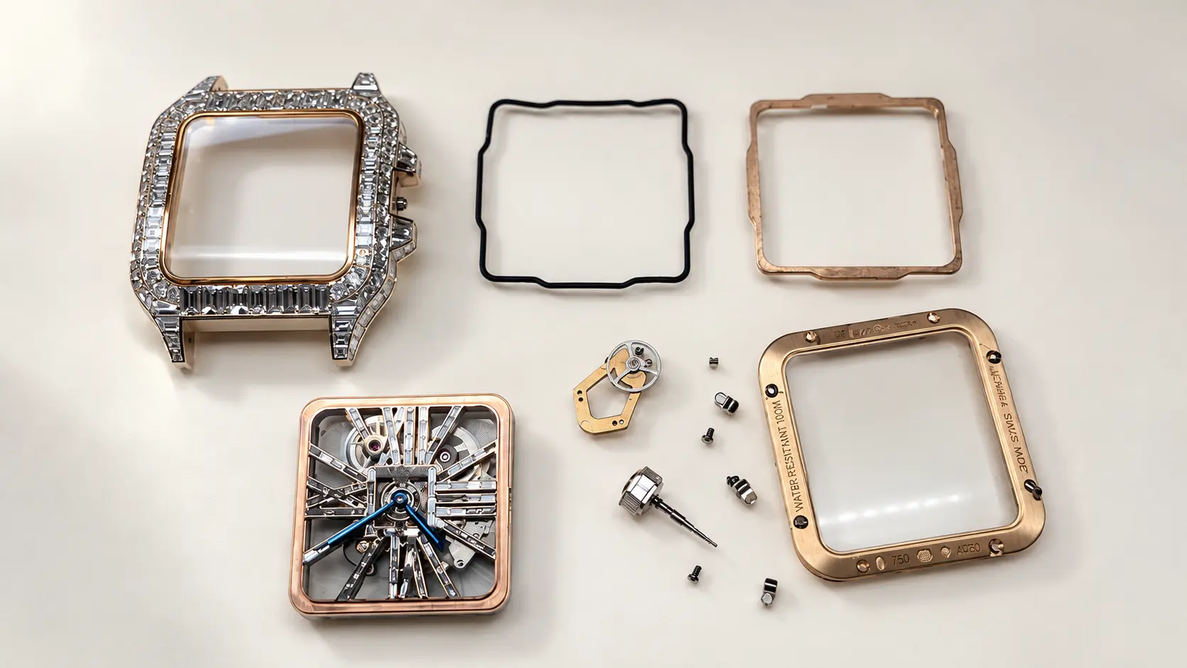 Diamond-set square case and skeleton movement separated