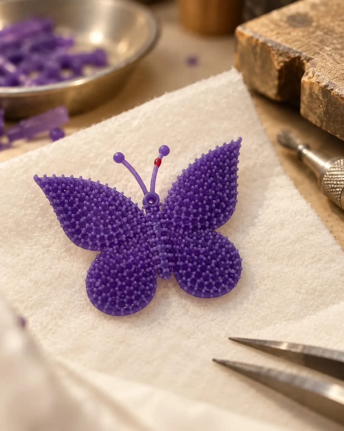Carved wax butterfly model on the bench beside tweezers and wax shavings — the starting form