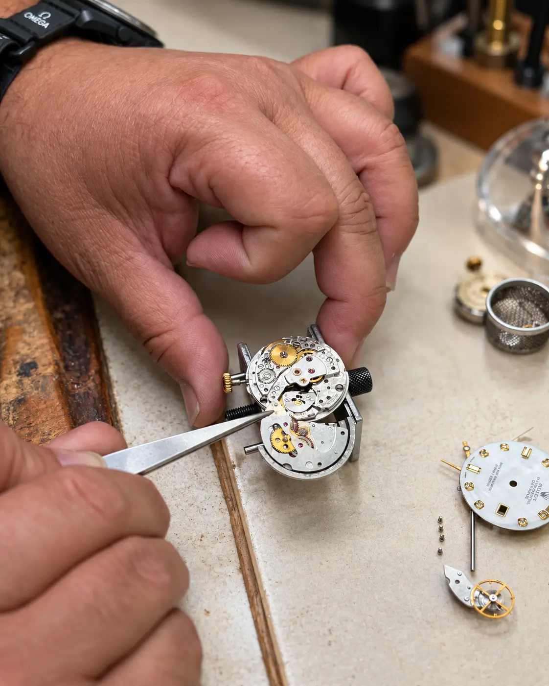 Hands servicing a movement with a gold-marker dial alongside