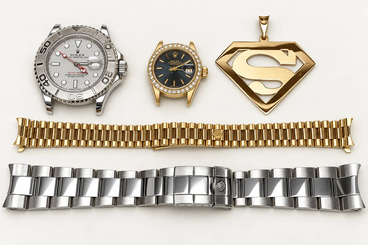 Watch heads, a gold pendant and bracelets laid out after polishing