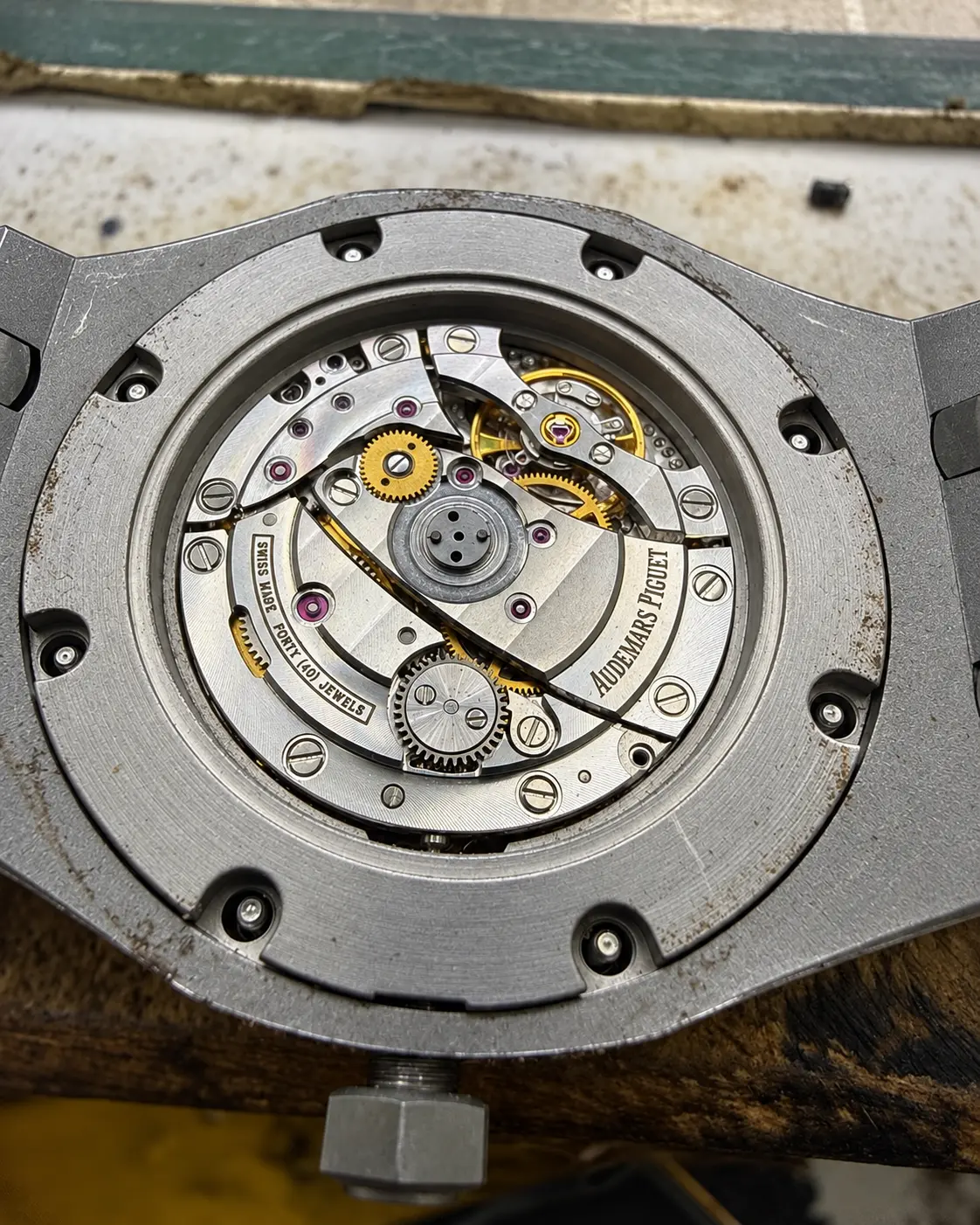 Macro view of a fine automatic movement in its case