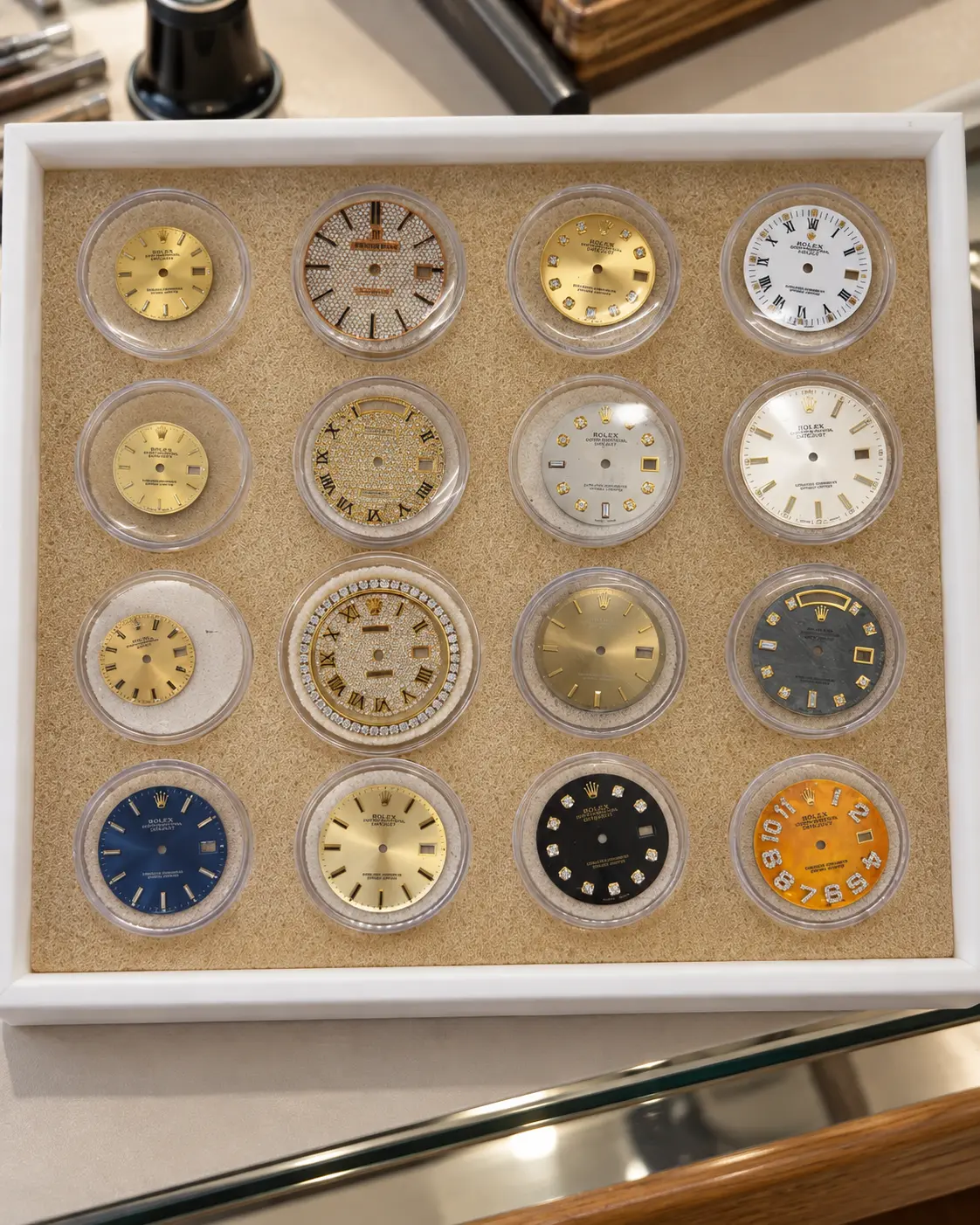 Sixteen watch dials in protective cases arranged in a tray