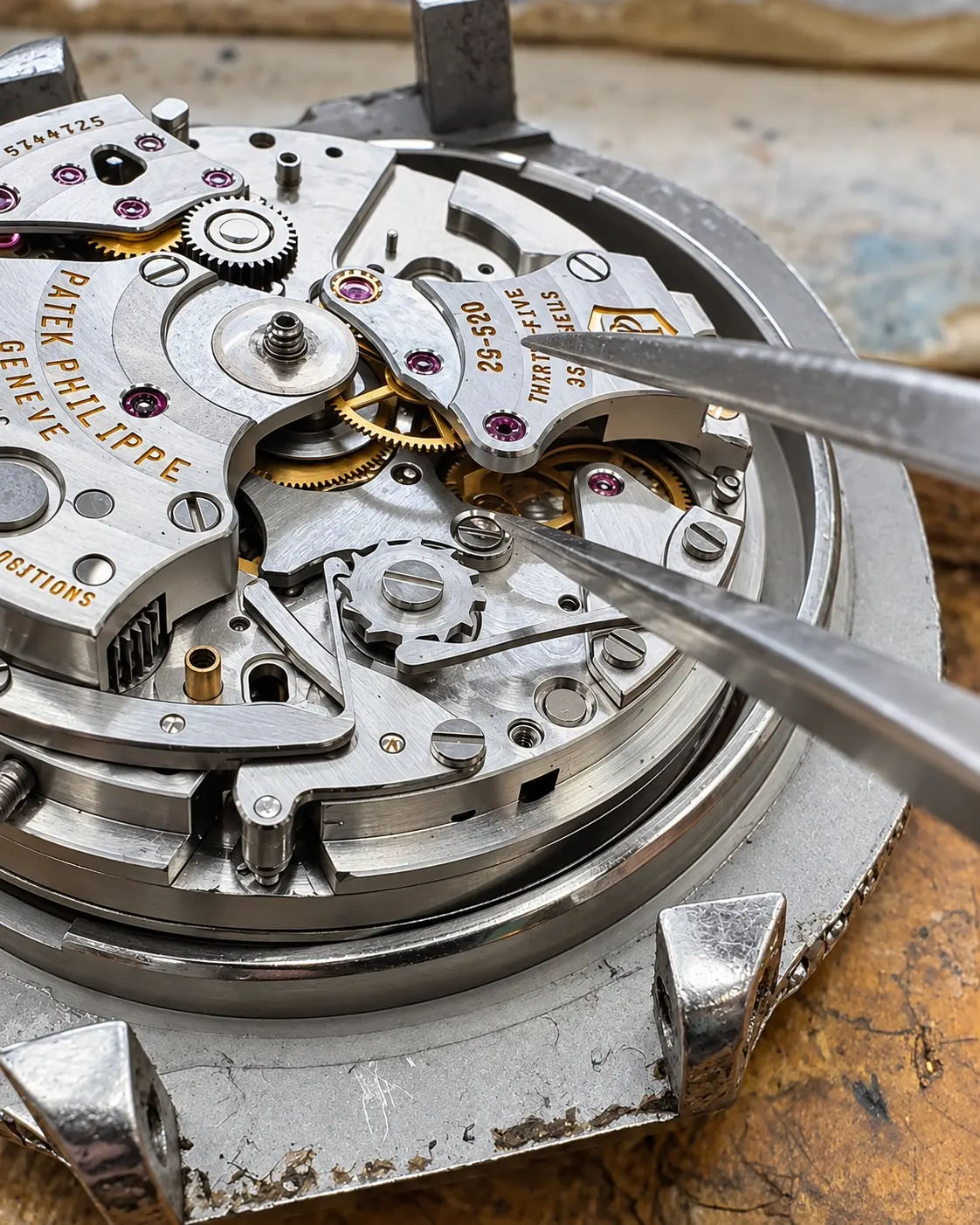 Close-up of a fine mechanical movement being serviced with tweezers