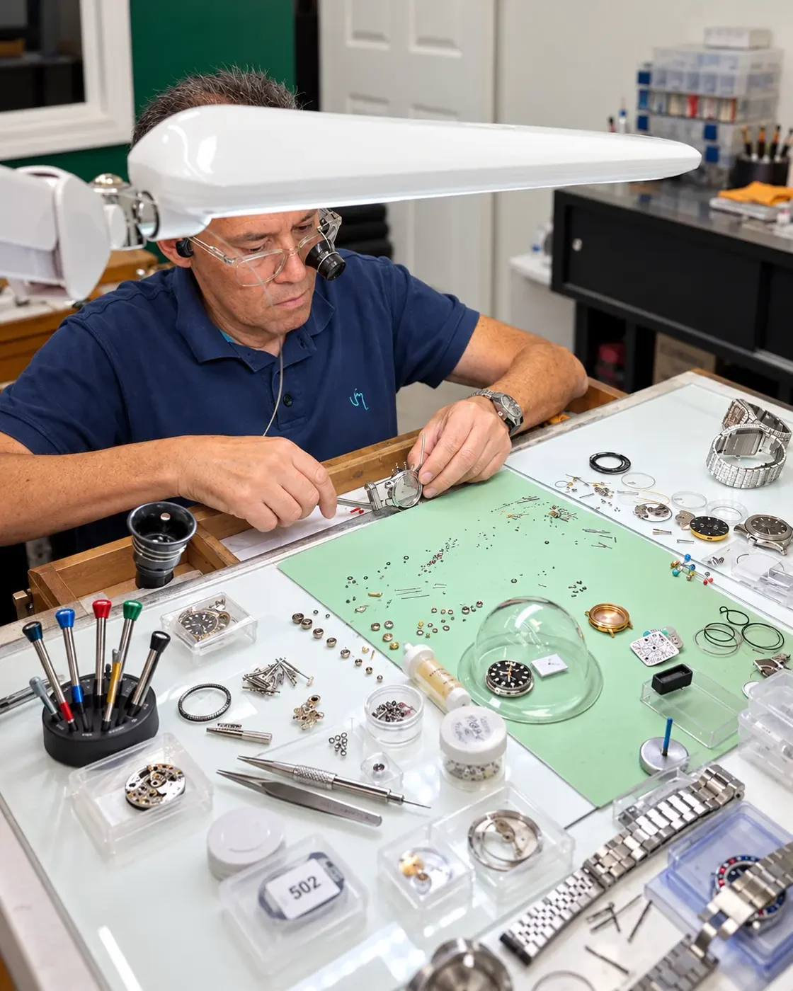 Watchmaker at the Blen's Time bench under the lamp, servicing a movement with parts laid out on the mat