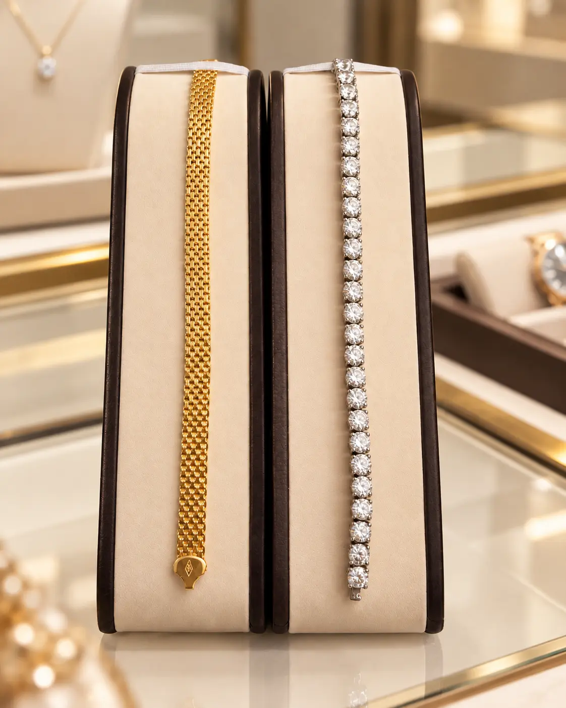Gold mesh bracelet and diamond tennis bracelet on display stands