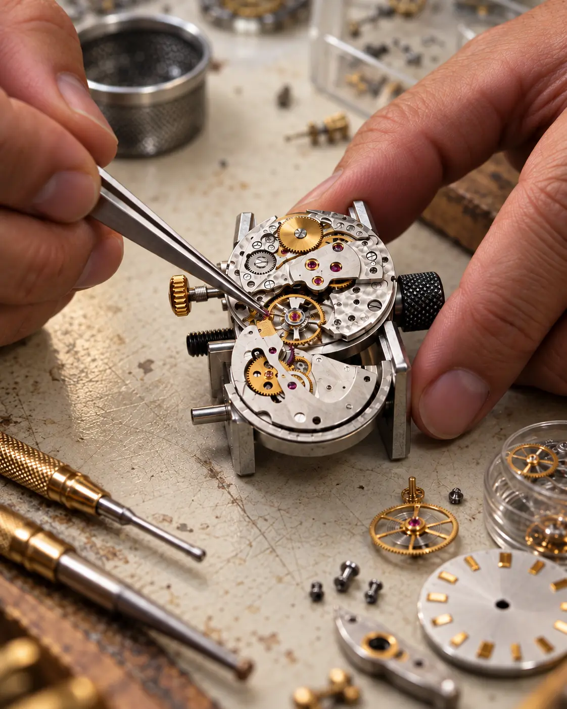 Tweezers setting a jewel into a movement held in a bench vice