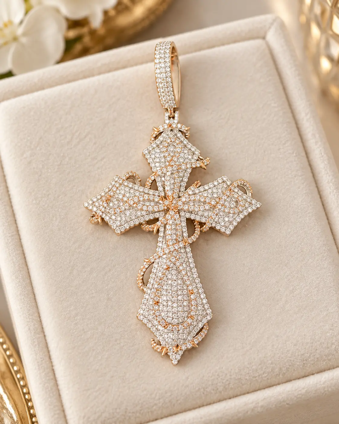 Two-tone gold cross pendant fully set with diamonds and wrapped in a gold vine, in a cream presentation box