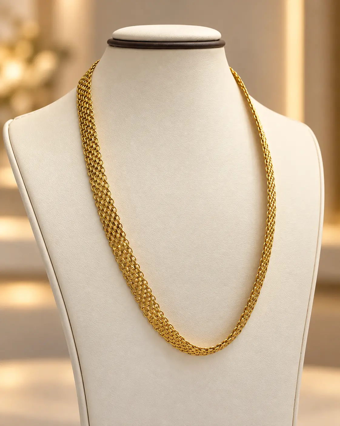 Gold chain necklace on a display bust