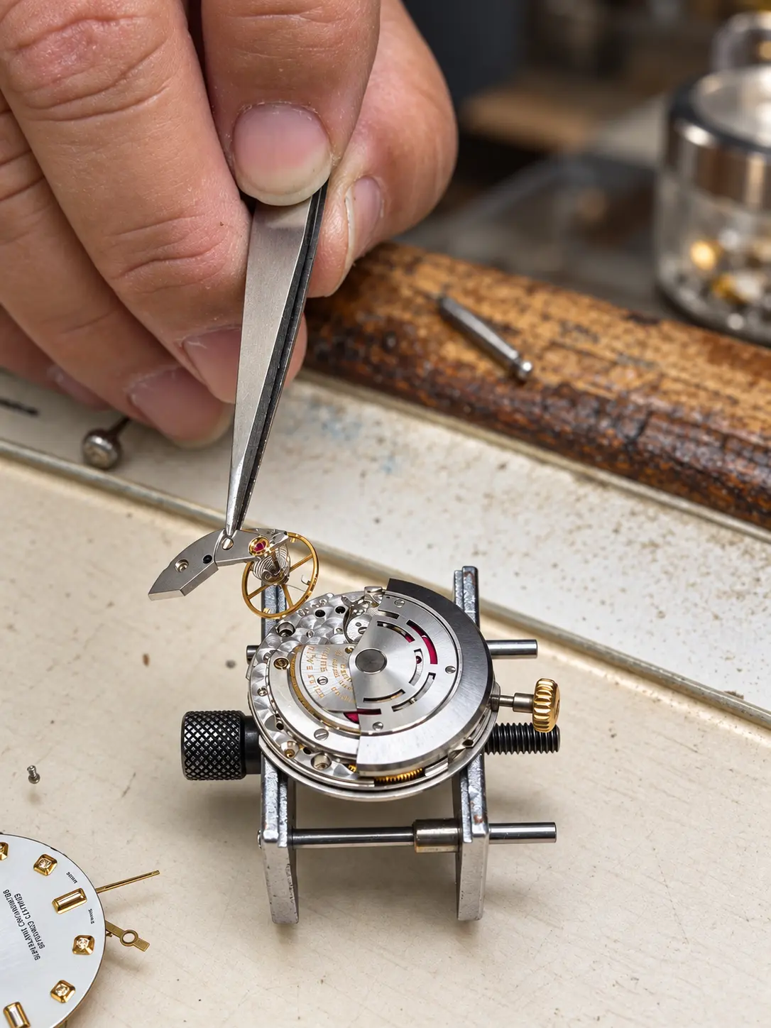 Balance wheel held in tweezers above an open watch movement